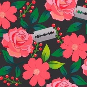 Pink Flowers and Blades on Dark Grey