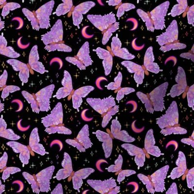 Whimsical Purple Butterflies and Pink Moons on Black