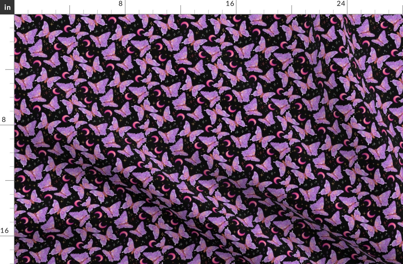 Whimsical Purple Butterflies and Pink Moons on Black