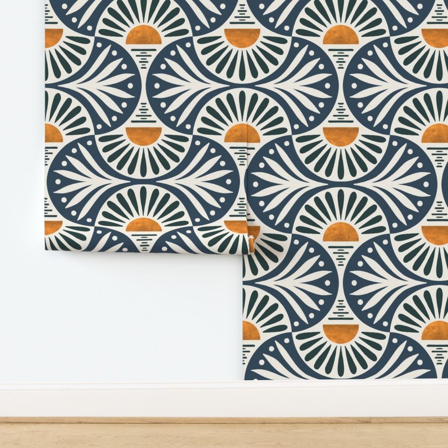 Art Deco Sunset And Leaves Cascades And Gentleman's Gray on Cotton White