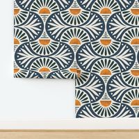 Art Deco Sunset And Leaves Cascades And Gentleman's Gray on Cotton White