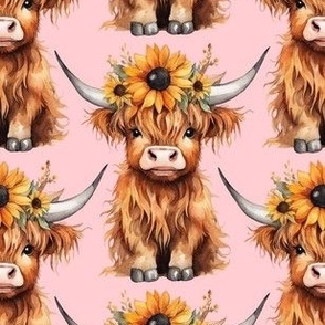 Medium Highland Cow with Sunflowers Pink