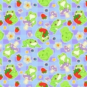 Kawaii Froggy Mushroom Picnic on Periwinkle Gingham