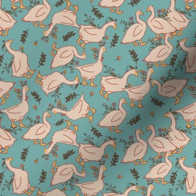 Mushroom Geese on Teal Blue