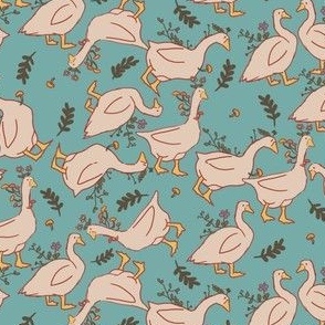 Mushroom Geese on Teal Blue