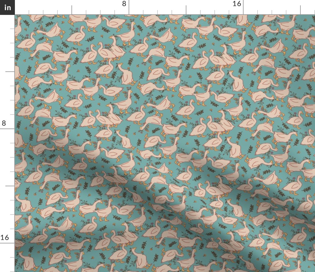 Mushroom Geese on Teal Blue