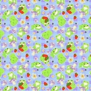 Micro Kawaii Froggy Mushroom Picnic on Periwinkle Gingham