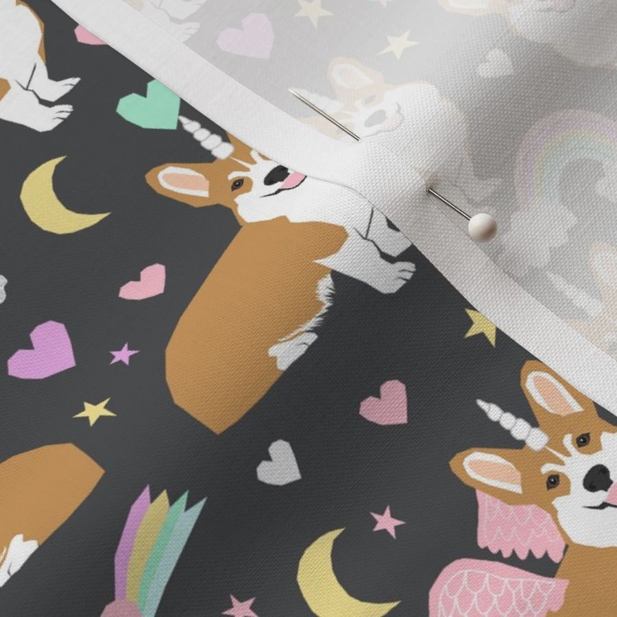 corgi unicorn pastel fabric cute corgi illustration design - charcoal