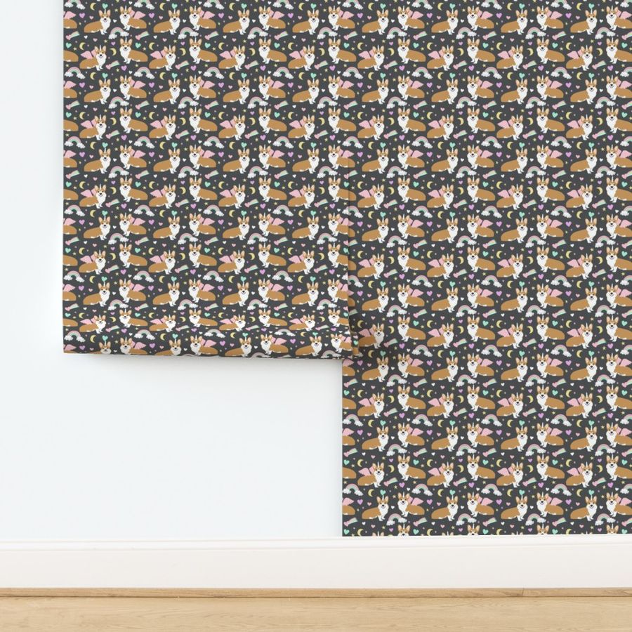 corgi unicorn pastel fabric cute corgi illustration design - charcoal