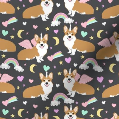 corgi unicorn pastel fabric cute corgi illustration design - charcoal