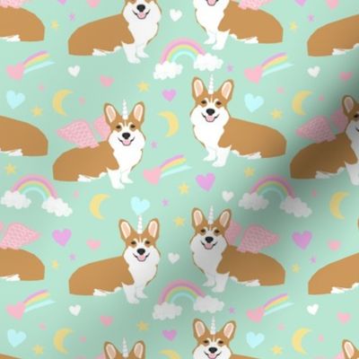 corgi unicorn pastel fabric cute corgi illustration design - mint