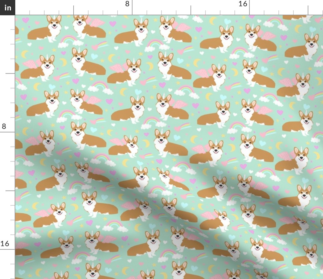 corgi unicorn pastel fabric cute corgi illustration design - mint