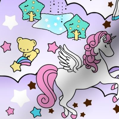 18 Pegasus winged unicorns pegacorns stars rainbows clouds trees ponds lakes teddy bears shooting cats fairy kei lolita sky skies pony ponies horses kawaii japanese inspired moon castles  colorful 