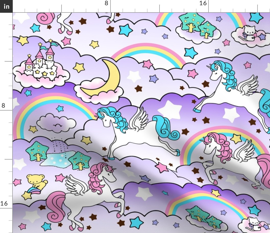 18 Pegasus winged unicorns pegacorns stars rainbows clouds trees ponds lakes teddy bears shooting cats fairy kei lolita sky skies pony ponies horses kawaii japanese inspired moon castles  colorful 