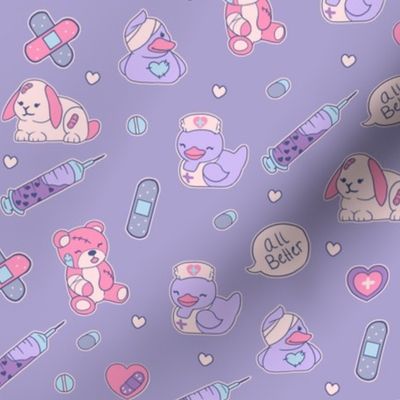 Cute Nurse Fabric on Purple with Ducks Bears Bunnies