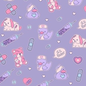 Cute Nurse Fabric on Purple with Ducks Bears Bunnies