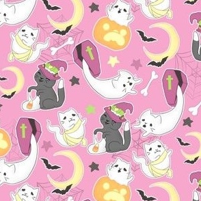 Pink Halloween Cats with Ghosts